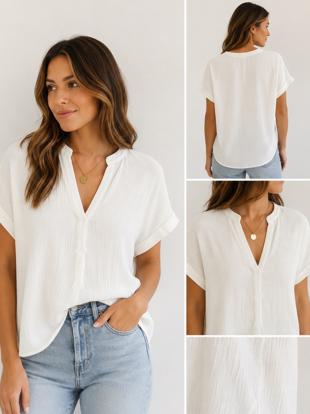 H&M Textured White Split Neck Blouse Short Sleeve Crinkle Top Size 8